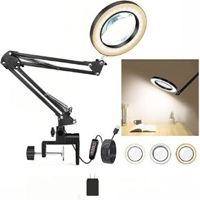 Magnifying Glass Desk Lamp with 3-Section Swing Arm and Big Clamp, Magnifying Glass with Light and Clamp, 8X Wide Desk Magnifier Light for Reading/Office/Soldering/Nail Beauty