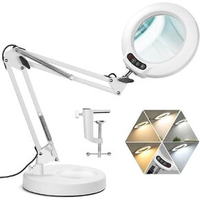 Veemagni 10X Magnifying Glass with Light, 5 Color Modes Stepless Dimmable 2-in-1 Desk Lamp and Clamp, LED Lighted Magnifier with Light and Stand, Hands Free for Craft Repair Hobby Painting Close Work