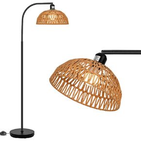 Brilvibera Modern Black Dimmable Floor Lamp with Remote Control, Hand-Worked Rattan Shades, Bohemian Style for Living Room, Bedroom, Office