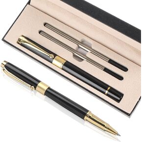 TIESOME Luxury Metal Ballpoint Pen Set, 0.5mm Fine Point Business Rollerball Pens Black Ink Pen with 2 Refills Fancy Pen Golden Trim Ball Point Pen with Gift Box (Black)