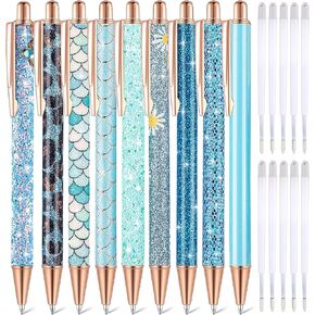 9 Pcs Fancy Pens for Women Cute Pens Sparkly Glitter Pens with 10 Pcs Black Ink Refills Pretty Pen Gifts Journaling Pens for Girls Office School Christmas Appreciation Gifts (Blue)