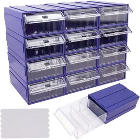 12 Pcs Drawer Stacking Storage Cabinet, 12 Pcs Plastic Drawers Storage Closet & 36 Pcs Clear Dividers Organizer Rack & 48 Pcs Tag Card & 24 Pcs Non-slip Stickers for Home Office School (12-Box-White)