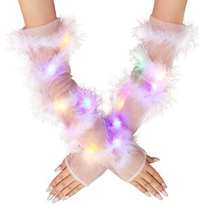 قفازات CASDRE المضيئة الطويلة من التول، ريش أبيض بدون أصابع، أكمام للذراع، قفازات طويلة للهالوين، إكسسوارات الهذيان للنساء والفتيات in Kuwait