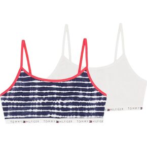 Tommy Hilfiger Girls' Crop Sports Bra (Pack of 2), Racerback Straps & Soft Elastic Waistband, Cotton & Spandex, Navy Blazer Tie Dye