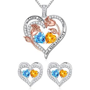 Iefil Double Birthstone Necklace and Birthstone Earrings Set