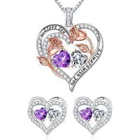 Iefil Double Birthstone Necklace and Birthstone Earrings Set
