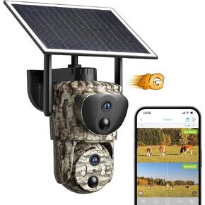 4G LTE Cellular Trail Cameras, Dual Lens Security Camera Built-in SIM Card, 2K 360°View Live Video Game Camera, No-Glow IR Night Vision, Motion Activated, Solar Powered, Remote Phone Access