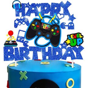 Video Game Birthday Cake Topper Game On Controllers GamePad Cake Decoration Glitter Video Game Theme Party Supplies for Gamer Kids Boys Favors Game Cake Picks Birthday Party Supplies(Blue)