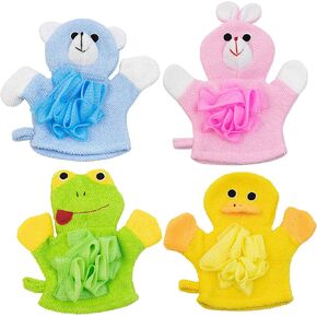 AUEAR, 4 Pcs Cartoon Terry Cloth Bath Sponge Mitts Puppet Cute Hand Puppets Washcloth Mitt Bath Glove