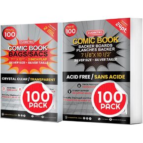 Comic Book Bags and Boards - Silver Age Comic Book Storage with 24 Pt Comic Backing Board for Comic Book Bulk Retail Bags kit (Pack of 100 Each) by EVORETRO