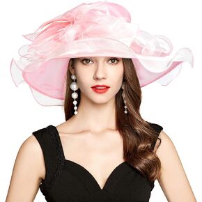 2024 Kentucky Derby Hats for Women Girls Ladies, Organza Church Tea Party Wedding Fascinator Hat UV Protection Sun Hat Pink and White