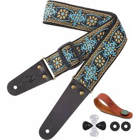 Nefelibata Guitar Strap, Vintage Embroidered Cotton Guitar Straps with Head Cowhide Leather Ends for Bass, Electric & Acoustic Guitars, with Free Strap Button, 1 Pair Strap Locks and 4 Guitar Picks