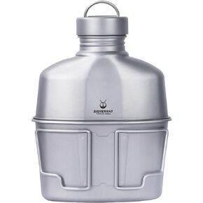 SILVERANT Camping Canteen Titanium Military Canteen Mess Kit Ultralight Camping Mug with Carry Pouch & Cup Foldable Handle -Bottle 1000ml, Cup 600ml