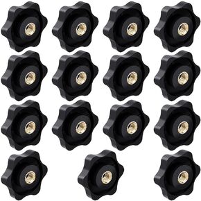 PAGOW 15Pcs 1/4"-20 Inch Knob Black Nylon Screw-On Type Thru Threaded Knob Nuts 6-Star Shape Hand Tighten Clamping Knobs