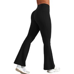 YEOREO Women Flare Leggings with Pockets Lynnie Bell Bottom Yoga Pants High Waisted Bootcut Gym Legging Black L