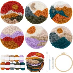 Temlum Punch Needle Coasters Kit, Punch Needle Embroidery Kit for Beginners and Adults Including Patterns, Tools, Yarns, Hoop, Instruction, Coaster Holder Coaster Art Craft Supplies (Landscape)