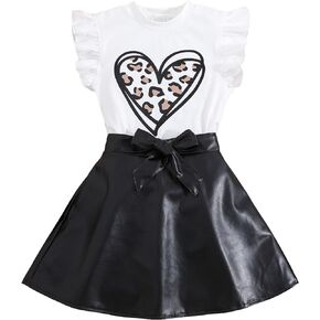 Verdusa Girl's 2 Piece Outfits Ruffle Trim Tee Top with PU Leather Belted Skirt