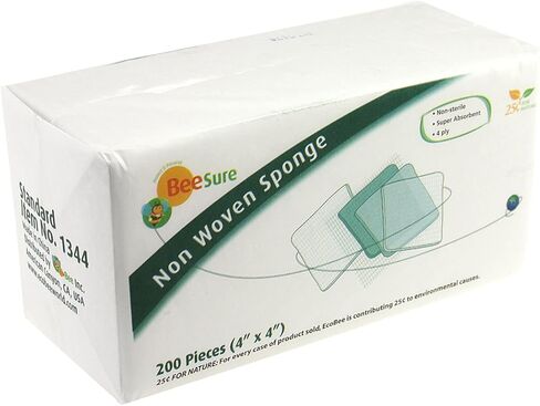 BeeSure BE1344 إسفنجة غير منسوجة، شاش، غير معقمة، 4 طبقات، قياسي 30 جرام في المتر المربع، 4x4 (عبوة من 200 قطعة) in Kuwait