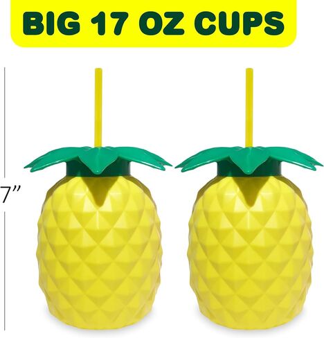 ArtCreativity Pineapple Plastic Cups Set - Pack of 12-17 oz. Big - Includes Screw-on Sipper - Spectacular Summer Beach Toys and Party Favors - Amazing Gift for Everyone in Saudi Arabia
