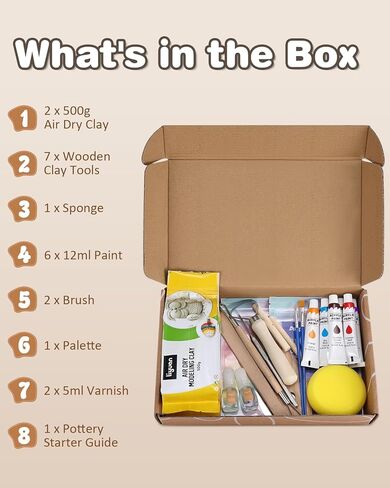 مجموعة الفخار، مجموعة الطين الجاف بالهواء للمبتدئين، مجموعة الفخار المصنوعة منزليًا، مجموعة الطين الجاف بالهواء بنفسك، مجموعة الفخار مع مجموعة الطلاء، الورنيش، 10 طلاء، فرش، إسفنجة، هدايا للأطفال، عيد الأم in Kuwait
