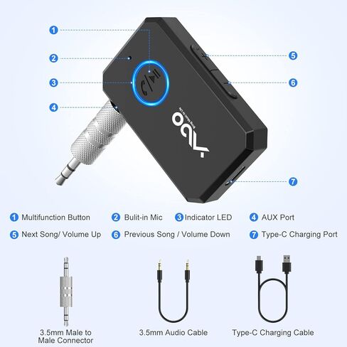 محول YMOO بلوتوث 5.2 Aux للسيارة، مقبس 3.5 ملم مستقبل صوت لاسلكي مع ميكروفون، يدعم إيقاظ Siri/Google الأوامر الصوتية، اتصال مزدوج، للسيارة/مكبر الصوت/الموسيقى الخارجية/ستيريو المنزل in Kuwait