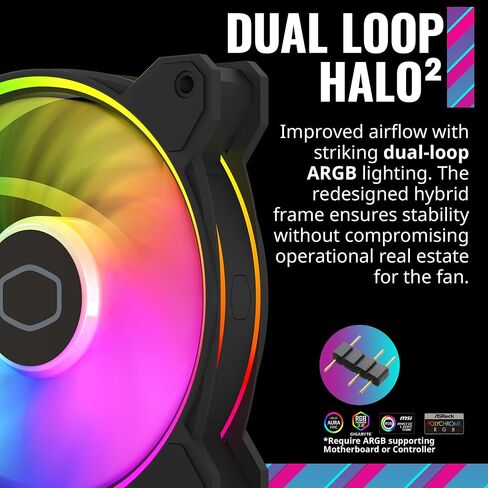 Cooler Master MasterFan MF120 Halo² White 3in1 PC Case|Liquid Cooler|Air Cooler Fan, Dual Loop Gen 2 ARGB LEDs Rings, Dynamic PWM 120mm 2,050 RPM, Air Balance Blades, Hybrid Frame (MFL-B2DW-213P2-R2) in Saudi Arabia