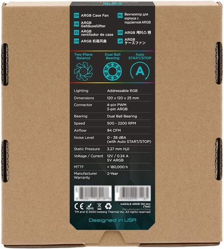 مروحة Iceberg Thermal IceGALE القابلة للتحكم RGB 120 مم PWM بمحمل كروي مزدوج ARGB (3 عبوات) أسود) in Kuwait