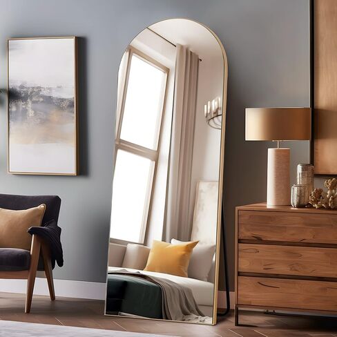 NeuType 64"x21" Arched Full Length Mirror with Stand Arched Shape Wall Mounted Mirror Large Full Body Bedroom Mirror Hanging or Leaning Against Wall, Wood Frame Arched Mirror - Natural in Saudi Arabia