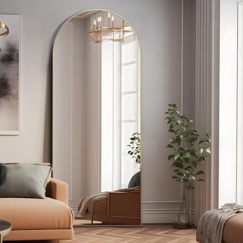 NeuType 64"x21" Arched Full Length Mirror with Stand Arched Shape Wall Mounted Mirror Large Full Body Bedroom Mirror Hanging or Leaning Against Wall, Wood Frame Arched Mirror - Natural in Saudi Arabia