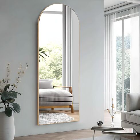 NeuType 64"x21" Arched Full Length Mirror with Stand Arched Shape Wall Mounted Mirror Large Full Body Bedroom Mirror Hanging or Leaning Against Wall, Wood Frame Arched Mirror - Natural in Saudi Arabia