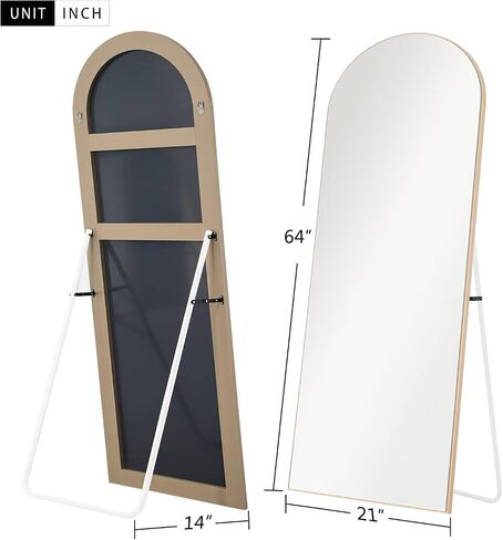 NeuType 64"x21" Arched Full Length Mirror with Stand Arched Shape Wall Mounted Mirror Large Full Body Bedroom Mirror Hanging or Leaning Against Wall, Wood Frame Arched Mirror - Natural in Saudi Arabia