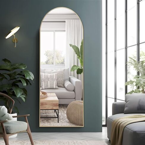 NeuType 64"x21" Arched Full Length Mirror with Stand Arched Shape Wall Mounted Mirror Large Full Body Bedroom Mirror Hanging or Leaning Against Wall, Wood Frame Arched Mirror - Natural in Saudi Arabia