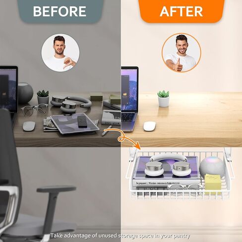 ENONCI درج تحت المكتب، تصميم منزلق، بدون حفر معدني تحت إدارة الكابلات المكتبية، سلة رف تخزين تحت المكتب، منظم درج تحت الطاولة للمكتب، المنزل، مساحة العمل، الخزانة in Kuwait