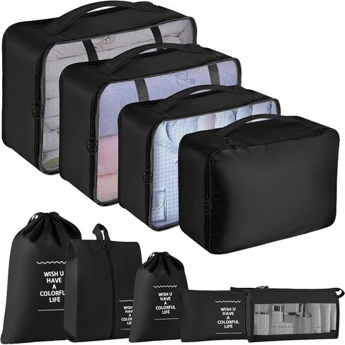 Chyaya 9 Pack Packing Cubes Set, Waterproof Suitcase Organizer Compression Travel Essentials Bag for Travel Accessories, Luggage Organizer with Shoe Bag for Men, Women, Kids, Black in Saudi Arabia