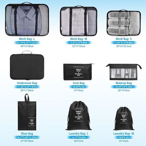 Chyaya 9 Pack Packing Cubes Set, Waterproof Suitcase Organizer Compression Travel Essentials Bag for Travel Accessories, Luggage Organizer with Shoe Bag for Men, Women, Kids, Black in Saudi Arabia