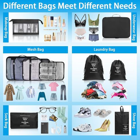 Chyaya 9 Pack Packing Cubes Set, Waterproof Suitcase Organizer Compression Travel Essentials Bag for Travel Accessories, Luggage Organizer with Shoe Bag for Men, Women, Kids, Black in Saudi Arabia