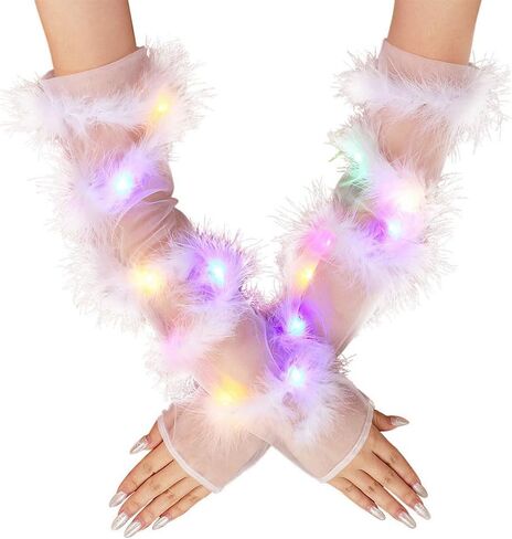 قفازات CASDRE المضيئة الطويلة من التول، ريش أبيض بدون أصابع، أكمام للذراع، قفازات طويلة للهالوين، إكسسوارات الهذيان للنساء والفتيات in Kuwait