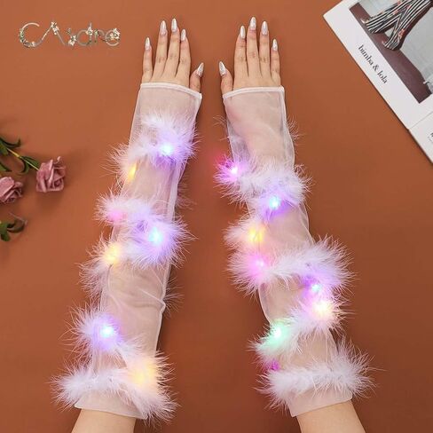 قفازات CASDRE المضيئة الطويلة من التول، ريش أبيض بدون أصابع، أكمام للذراع، قفازات طويلة للهالوين، إكسسوارات الهذيان للنساء والفتيات in Kuwait
