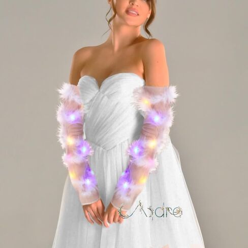 قفازات CASDRE المضيئة الطويلة من التول، ريش أبيض بدون أصابع، أكمام للذراع، قفازات طويلة للهالوين، إكسسوارات الهذيان للنساء والفتيات in Kuwait