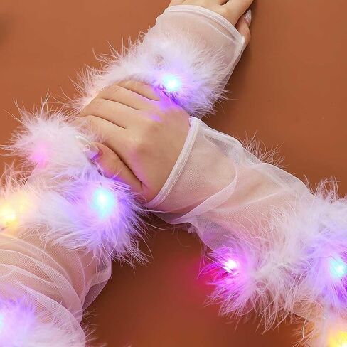 قفازات CASDRE المضيئة الطويلة من التول، ريش أبيض بدون أصابع، أكمام للذراع، قفازات طويلة للهالوين، إكسسوارات الهذيان للنساء والفتيات in Kuwait