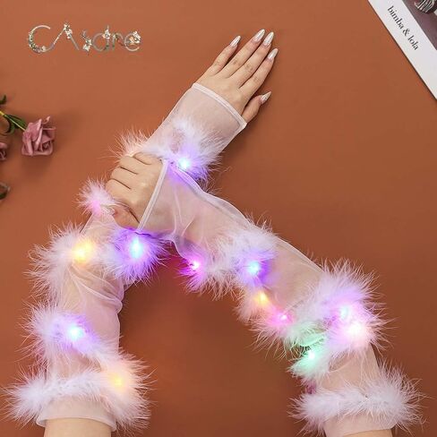 قفازات CASDRE المضيئة الطويلة من التول، ريش أبيض بدون أصابع، أكمام للذراع، قفازات طويلة للهالوين، إكسسوارات الهذيان للنساء والفتيات in Kuwait