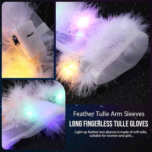 قفازات CASDRE المضيئة الطويلة من التول، ريش أبيض بدون أصابع، أكمام للذراع، قفازات طويلة للهالوين، إكسسوارات الهذيان للنساء والفتيات in Kuwait