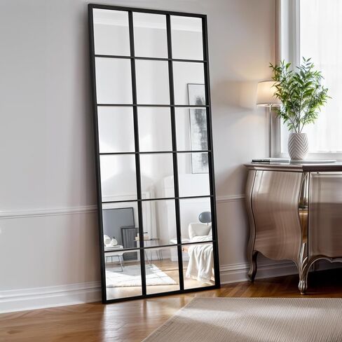 Mirroni Window Pane Wall Mirror 70"x 36" - Full Length Mirror- Window Finished Black Metal Mirror - Floor Mirror - Farmhouse Mirror - Rectangular Windowpane Mirror - Wall Mounted or Leaning in Saudi Arabia