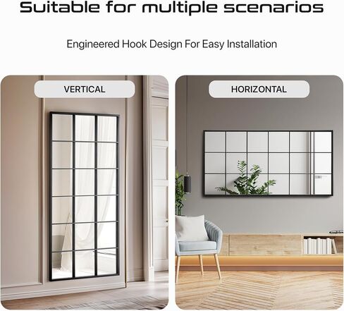 Mirroni Window Pane Wall Mirror 70"x 36" - Full Length Mirror- Window Finished Black Metal Mirror - Floor Mirror - Farmhouse Mirror - Rectangular Windowpane Mirror - Wall Mounted or Leaning in Saudi Arabia