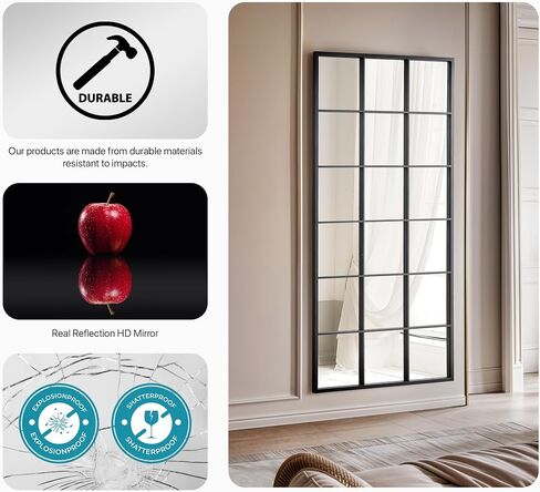 Mirroni Window Pane Wall Mirror 70"x 36" - Full Length Mirror- Window Finished Black Metal Mirror - Floor Mirror - Farmhouse Mirror - Rectangular Windowpane Mirror - Wall Mounted or Leaning in Saudi Arabia
