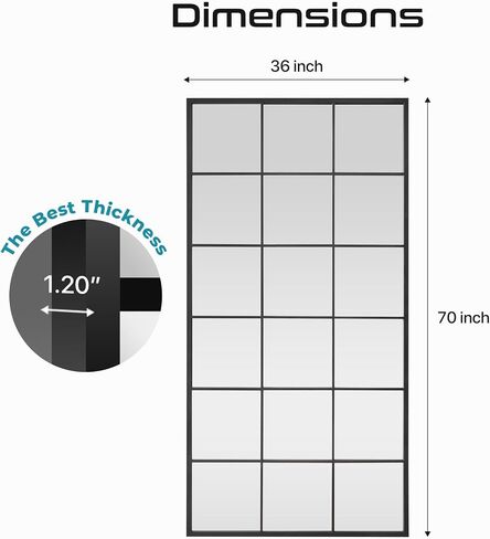 Mirroni Window Pane Wall Mirror 70"x 36" - Full Length Mirror- Window Finished Black Metal Mirror - Floor Mirror - Farmhouse Mirror - Rectangular Windowpane Mirror - Wall Mounted or Leaning in Saudi Arabia