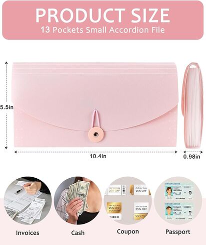 HULIPARK 13 Pockets Small File Folder Organizer, Mini Expanding File Folder for Coupons, Receipts, Cash, Tax Item or Changes, 10.4x5.5In, Accordion File Organizer Receipt Folder with Tabs (Pink) in Saudi Arabia