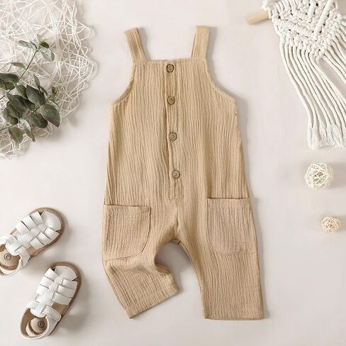 Neutral Baby Boy Girl Overalls Cotton Gauze Sleeveless Romper Button Down Jumpsuits with Pockets Summer Clothes in Saudi Arabia