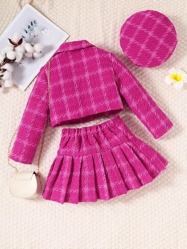 SOLY HUX Toddler Girl's Button Down Plaid Print Crop Blazer with Pleated Skirts and Hat Set 3 Piece Outfit in Saudi Arabia