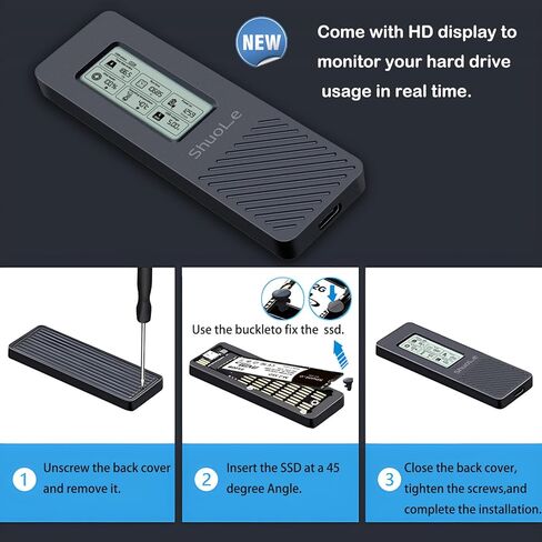 محول حاوية ShuoLe ألومنيوم M.2 SSD مع شاشة عرض LCD، USB 3.2 10 جيجابت في الثانية USB C إلى NVMe PCIe SATA M-Key/(B+M) حافظة خارجية لمحرك الحالة الصلبة تدعم UASP Trim لـ NVME/SATA SSD حجم 2280 in Kuwait